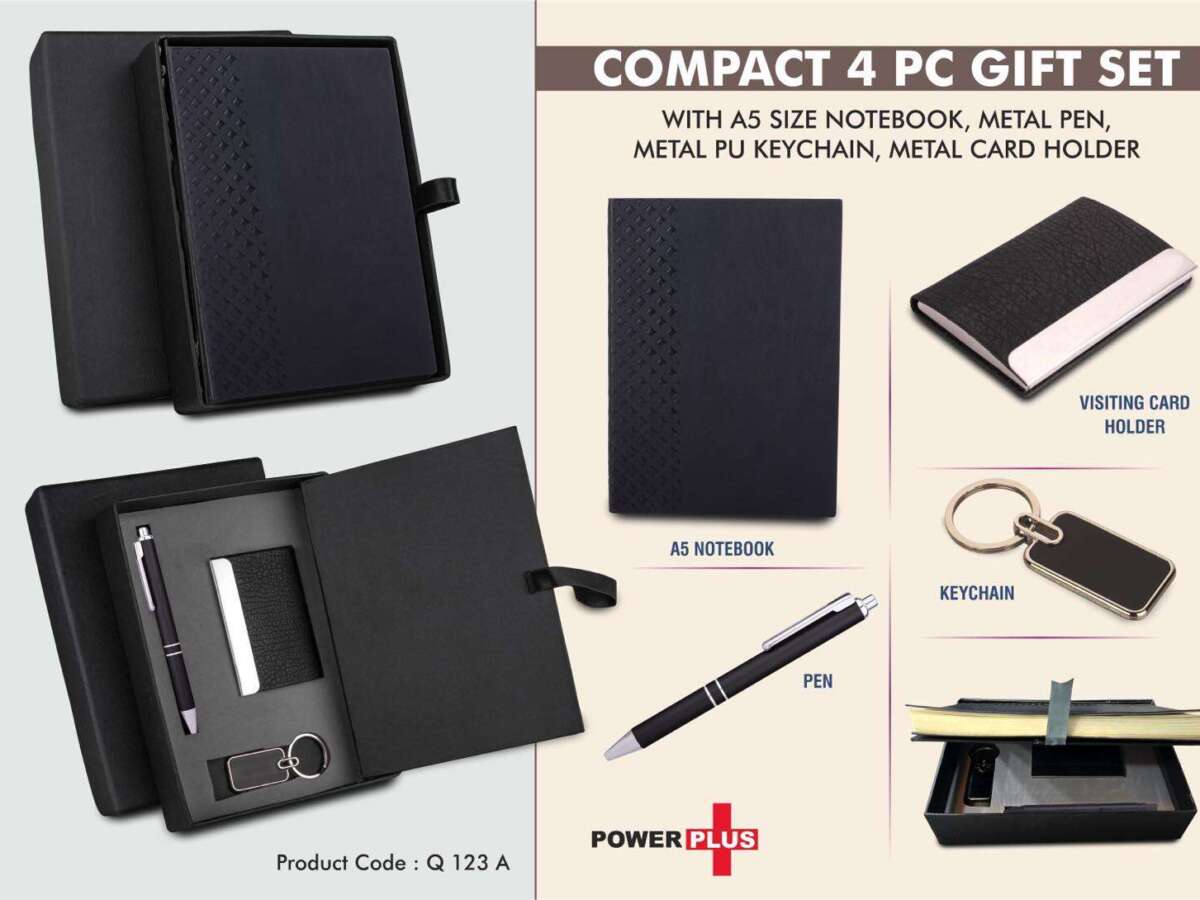 Compact 4 pc Black gift set: A5 size Notebook, Metal pen, Metal PU