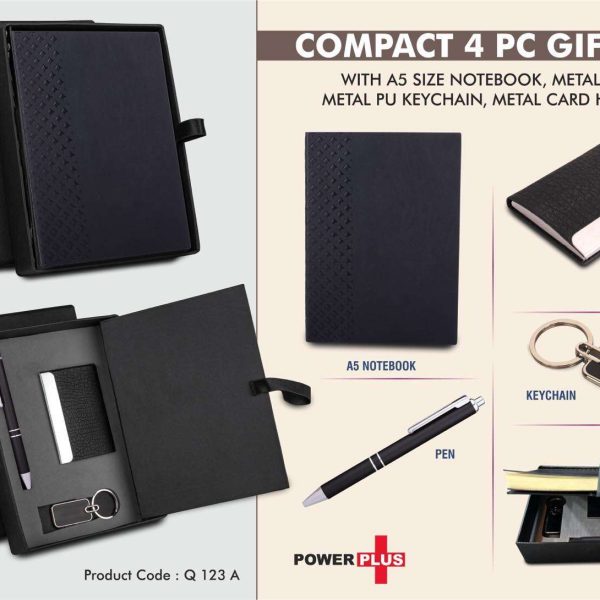 Compact 4 pc Black gift set: A5 size Notebook, Metal pen, Metal PU Keychain, Metal Card holder