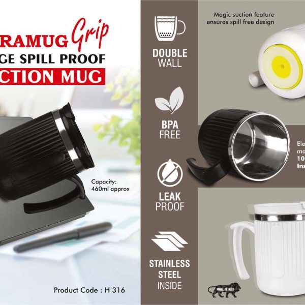 DuraMug Grip: Large Spill Proof Suction mug with Flip Top Lid | Capacity 460ml approx | Stainless steel inside