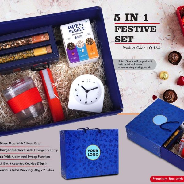 Festive Set of 5: Glass Mug with Silicon Sleeve, Rechargeable Backlight Alarm Clock, Rechargeable Torch with Lamp, Assorted Cookies Pack, Tea Gift Pack