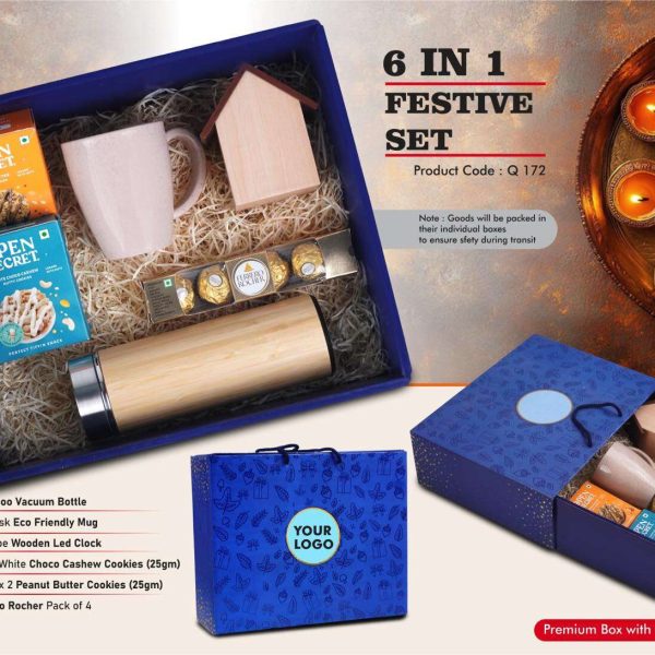 Festive Set of 6: Wooden LED Clock, Rice Husk Eco Mug, Bamboo Vacuum Flask 450ML, Ferrero Rocher Pack of 4, 2 Choco Cashew Cookies, 2 Peanut Butter Cookies