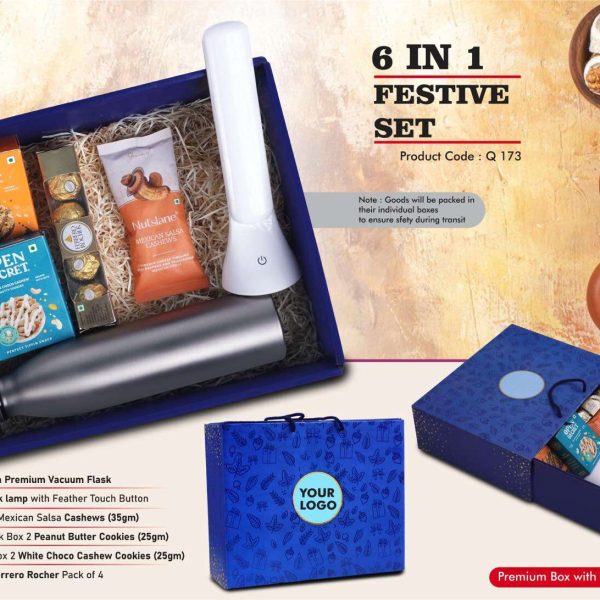Festive Set of 6: Cola Vacuum Flask 750ml, Folding Desk Lamp, Ferrero Rocher Pack of 4, 2 Choco Cashew Cookies, 2 Peanut Butter Cookies, Mexican Salsa Cashews