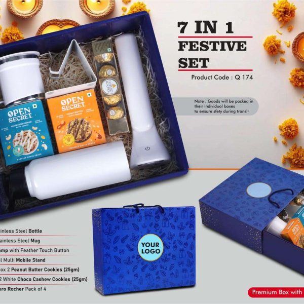 Festive Set of 7: SS Bottle 750Ml, Folding Desk Lamp, Metal Mobile Stand, SS Mug with Handle, Ferrero Rocher Pack of 4, 2 Choco Cashew Cookies, 2 Peanut Butter Cookies