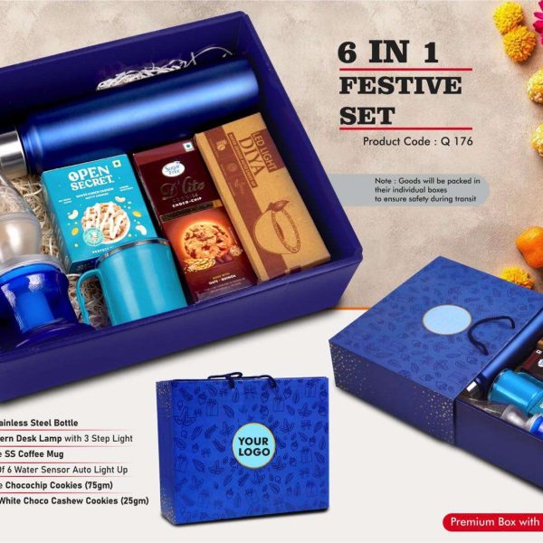 Festive Set of 6: SS Bottle 1L, Decorative LED Lamp, SS Coffee Mug, 2 Choco Cashew Cookies, LED Light Diya Set of 6, Sugarfree Choco Chip Oat Cookies