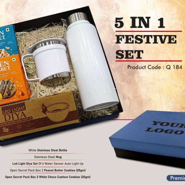 Festive Set of 5: SS Bottle 750Ml, SS Mug with Handle, LED Light Diya Set of 6, 2 Choco Cashew Cookies, 2 Peanut Butter Cookies