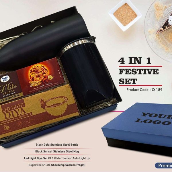 Festive Set of 4: Cola SS Bottle 1L, Premium SS Mug, LED Light Diya Set of 6, Sugarfree Choco Chip Oat Cookies