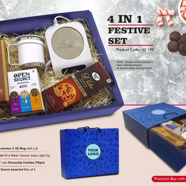 Festive Set of 4: Coffee Warmer Induction Plate with SS Mug Set, LED Light Diya Set of 6, Sugarfree Choco Chip Oat Cookies, Assorted Cookies Pack
