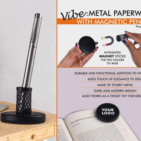 Vibe: Metal Paperweight with Magnetic Pen Stand