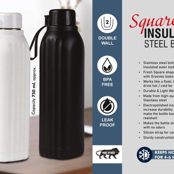 Square II: Insulated Steel Bottle | Keeps Hot & Cold for 4-6 Hours | Strap for Carrying easily | Capacity 750 ml approx