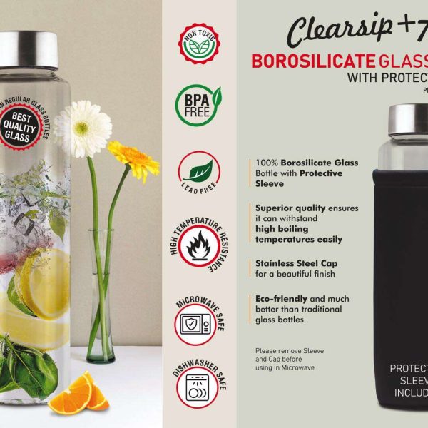 ClearSip+ 750: Borosilicate Glass Bottle with Protective Sleeve | Steel cap | Capacity 750ml