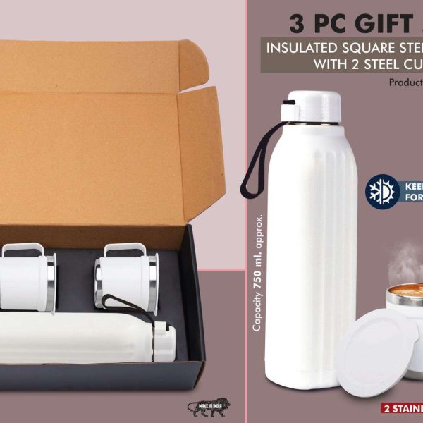 3 pc Gift Set : Insulated Hexa Steel bottle with 2 Steel cups | Keeps hot for 4-6 hours