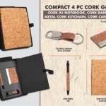 Cork 4 pc set: Cork notebook with card holder, hanging cork keychain and cork pen