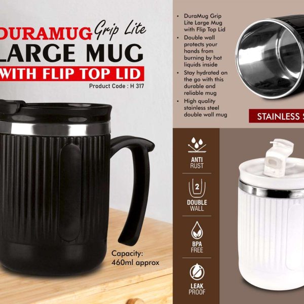 DuraMug Grip Lite: Large mug with Flip Top Lid | Capacity 460ml approx | Stainless steel inside