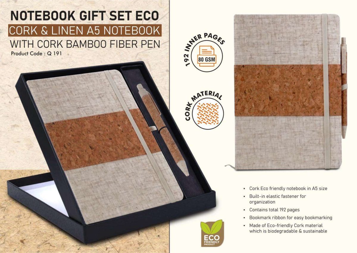 q191.jpg Notebook Gift set Eco: Cork & Linen A5 Notebook With Cork Bamboo Fiber Pen - Image 1