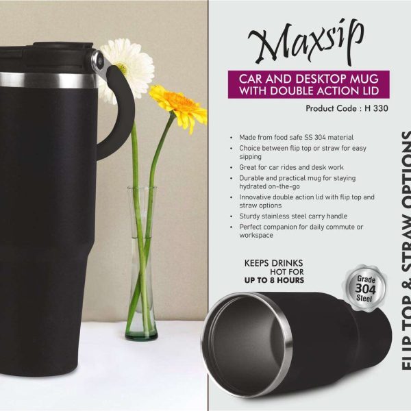 MaxSip: Car and Desktop Vacuumized Mug with Double action Lid | Flip top & Straw options | Food safe SS 304 | Capacity 890ml approx