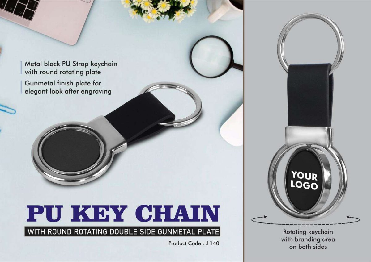 PU Key chain with Round Rotating Double side Gunmetal plate - Image 1