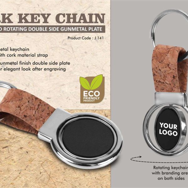 Cork Key chain with Round Rotating Double side Gunmetal plate