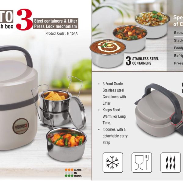 Bento Travel Lunch box with 3 Steel containers & Lifter | Press Lock mechanism