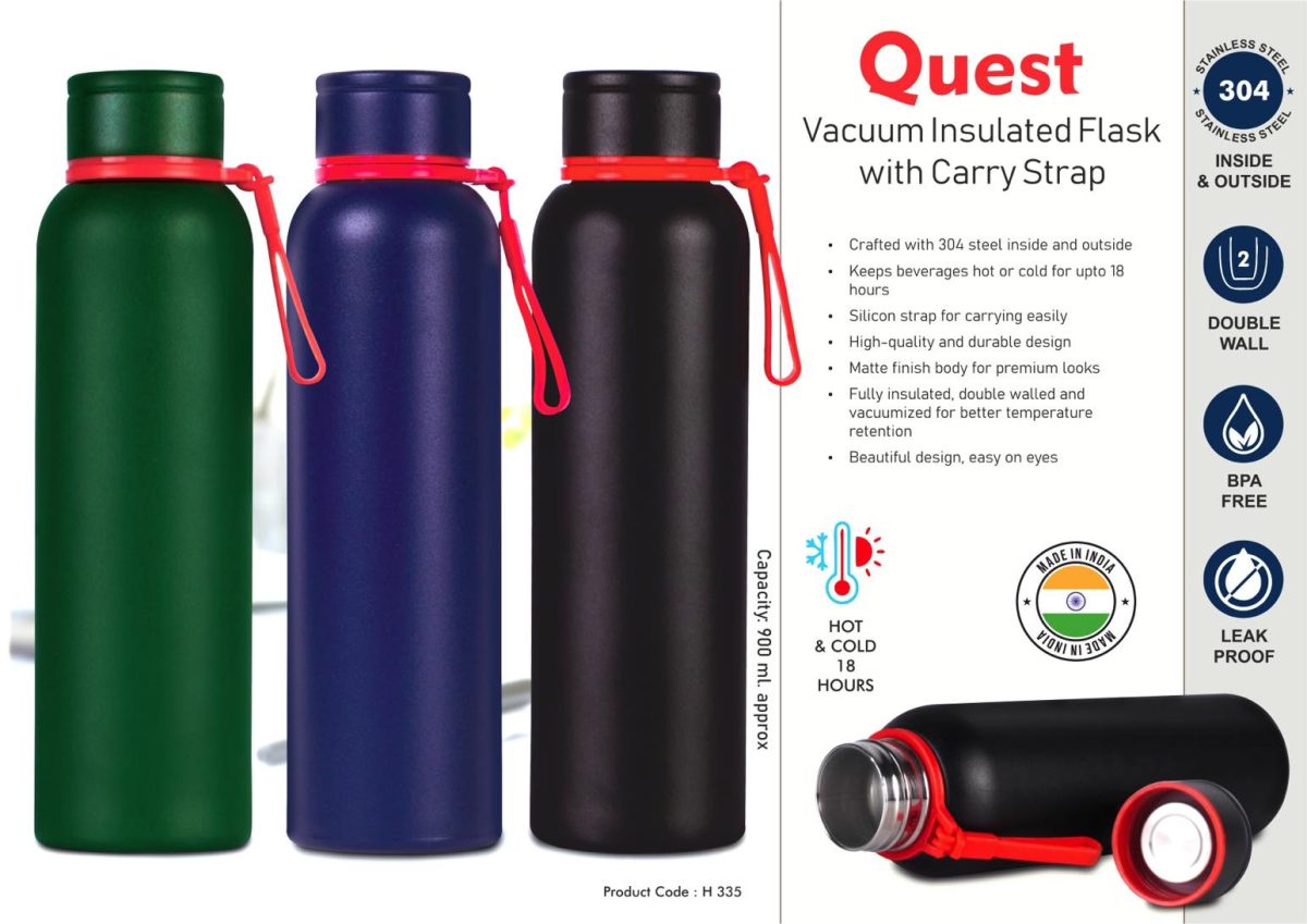 Quest 900ml Vacuum Insulated Flask with Carry Strap | 304 steel inside & outside | 18 hours hot/cold - Image 1