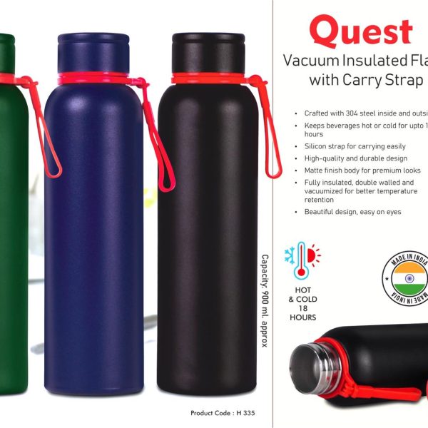 Quest 900ml Vacuum Insulated Flask with Carry Strap | 304 steel inside & outside | 18 hours hot/cold