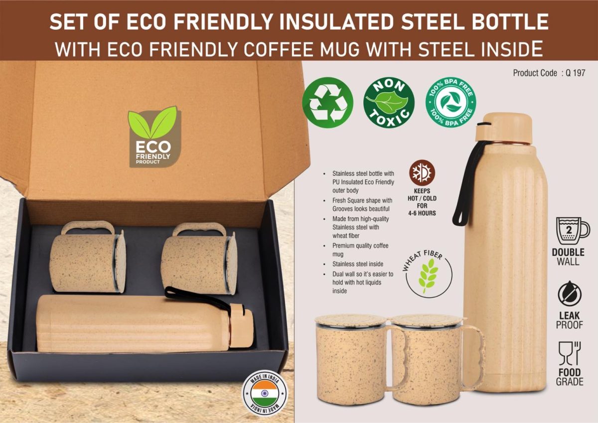 q197.jpg 3 pc Eco Gift Set : Insulated Square Eco Steel bottle with 2 Eco Steel cups | Keeps hot for 4-6 hours - Image 1