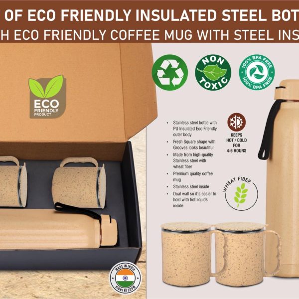 3 pc Eco Gift Set : Insulated Square Eco Steel bottle with 2 Eco Steel cups | Keeps hot for 4-6 hours