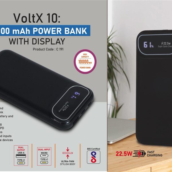 VoltX 10: 10,000 mAh Power bank with Display | 22.5W Fast charging | Supports Qualcomm 3.0 + PD charging | Dual USB output & inputs