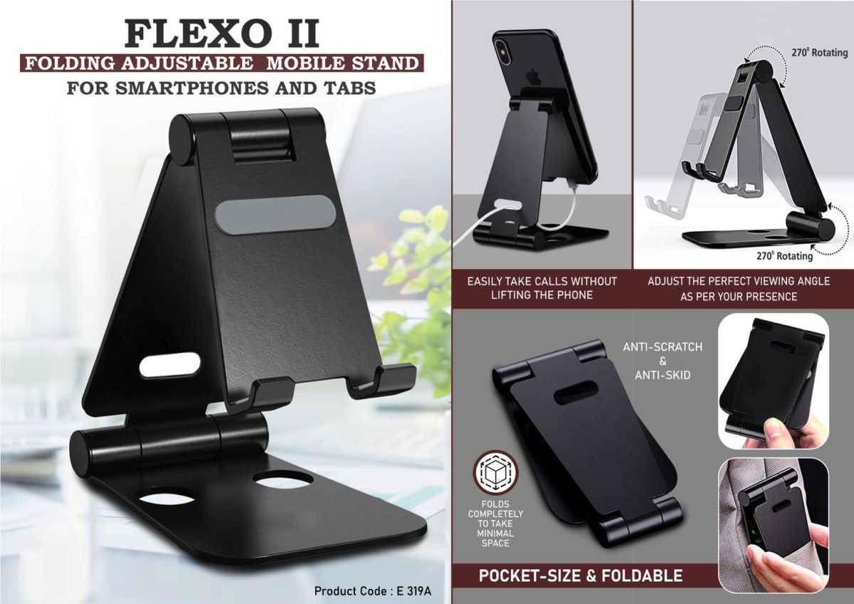 e319a.jpg Flexo II: Folding Metal Mobile Stand for Smartphones and Tabs | Folds completely to take minimal space | 3 fold style with double angle adjustment - Image 1