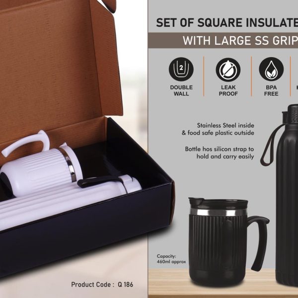 Set of Square Insulated bottle with Large SS Grip mug | Bottle Keeps hot for 4-6 hours