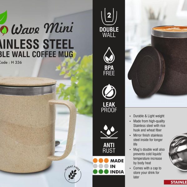 EcoWave Mini: Stainless Steel Double wall Coffee mug | Outer body made of Wheat & Rice husk | Leak Proof | Capacity 220ml approx