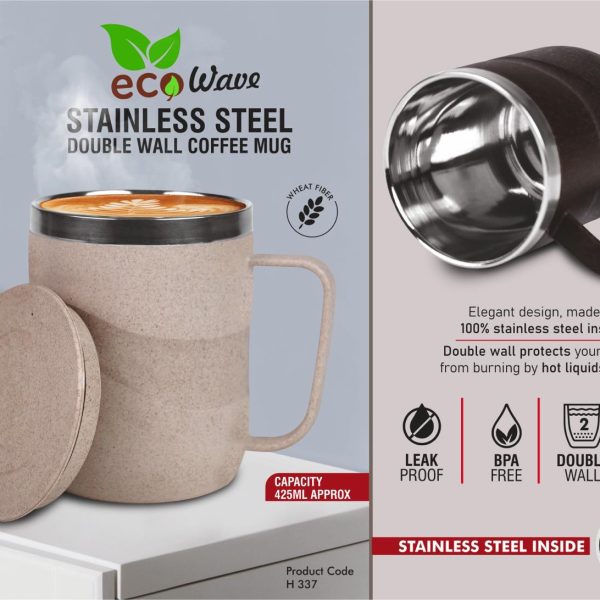 EcoWave: Stainless Steel Double wall Coffee mug | Outer body made of Wheat & Rice husk | Leak Proof | Capacity 425ml approx
