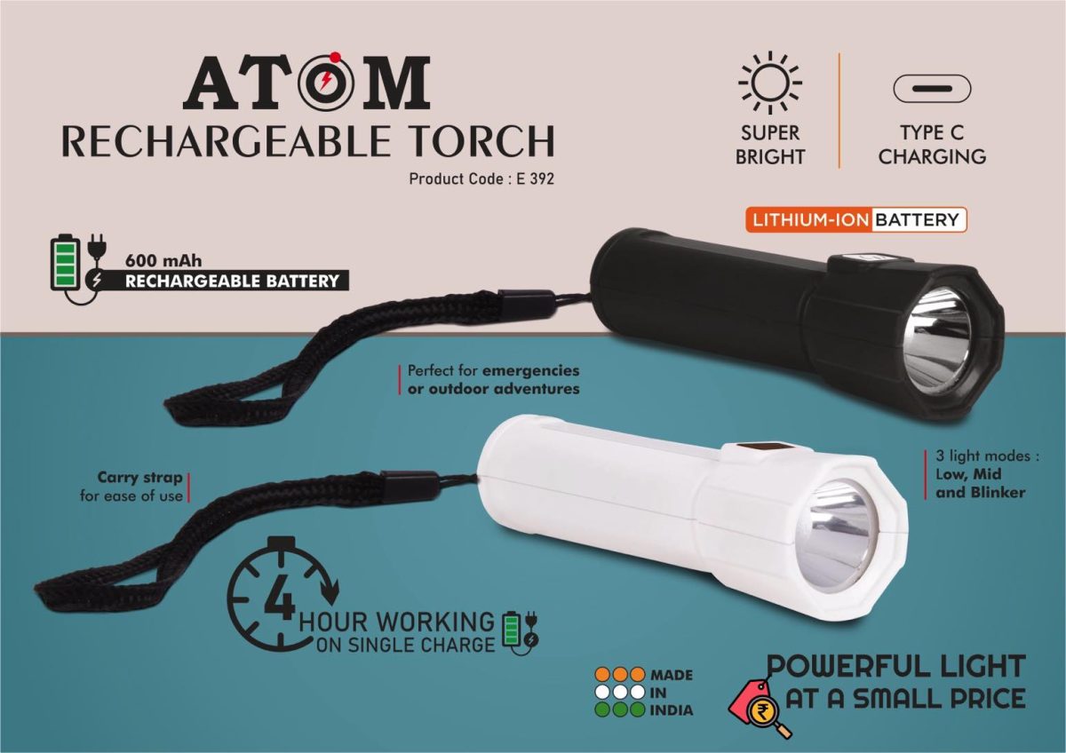Atom: Rechargeable torch with Type C charging | 600 mah battery | 4 hour working on single charge - Image 1