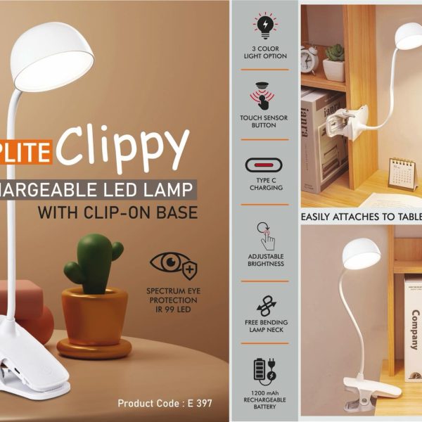 Taplite Clippy: Rechargeable LED lamp with clip on base | Can be atatched to tables & other surfaces | 3 Color light with Brightness adjustment | Type C Charging