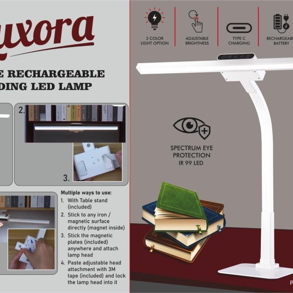 Luxora: Large rechargeable Folding LED lamp with timer & Brightness adjustment | Detachable head with 2 attachments | 3 Color light option | 45 min timer function