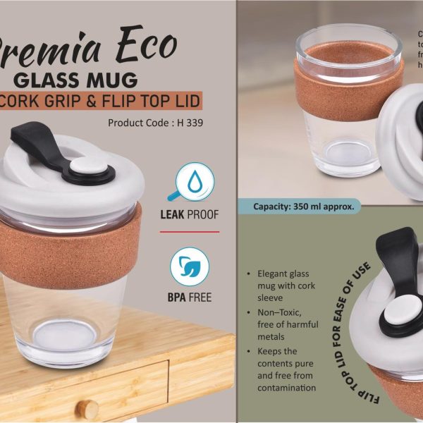 Premia Eco: Glass mug with Cork grip & Flip Top lid | Capacity: 350 ml