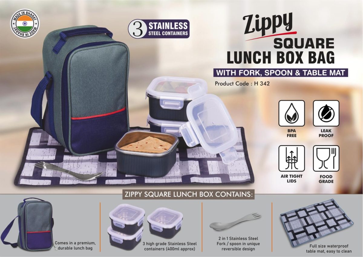 Zippy Square: Lunch box bag with 3 Square Stainless steel containers with striped design, Fork, Spoon, Tablemat - Image 1