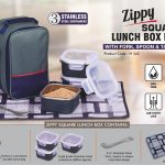 Zippy Square: Lunch box bag with 3 Square Stainless steel containers with striped design, Fork, Spoon, Tablemat