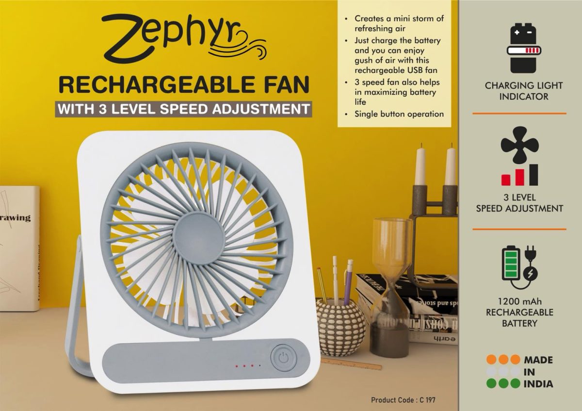 c197.jpg Zephyr: Rechargeable fan with 3 level speed adjustment | 1200mah battery - Image 1
