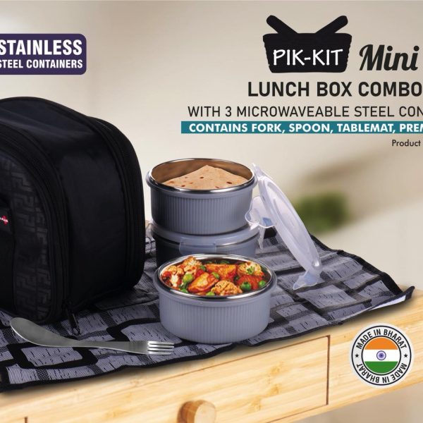 PIK-KIT mini: Lunch box combo with 3 Microwaveable Steel containers | Contains Fork, Spoon, Tablemat, Premium Bag | New Ribbed design