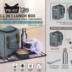 PIK-KIT Joy: All in 1 Lunch box with 3 Square Stainless Steel containers with striped design | Contains SS bottle, Fork, Spoon, Tablemat, Premium Bag | Bag has 2 outer pockets
