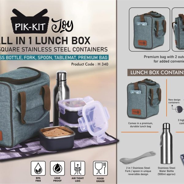 PIK-KIT Joy: All in 1 Lunch box with 3 Square Stainless Steel containers with striped design | Contains SS bottle, Fork, Spoon, Tablemat, Premium Bag | Bag has 2 outer pockets