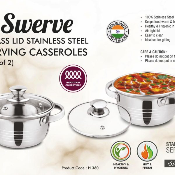 Swerve: Glass lid Stainless Steel Serving Casseroles | Set of 2 | 1100ml Each