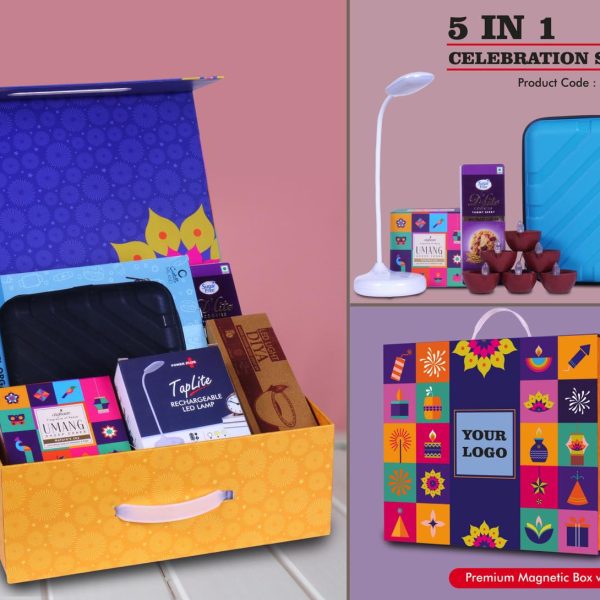 Celebration Set of 5: Rechargeable Table Lamp, LED Light Diya Set of 6, Hard Shell Travel Organizer, Sugarfree D'Lite Cookies, Pooja Dhoop Cones in Magnetic Gift Box with Handle