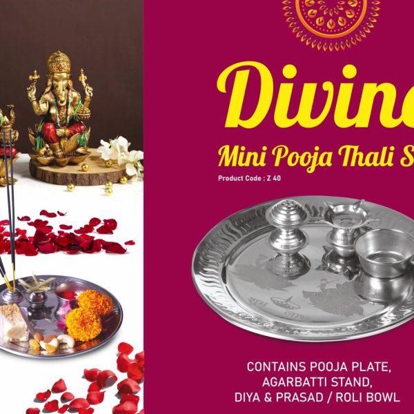 Divine Mini Pooja Thali set | Contains Pooja Plate, Agarbatti stand, Diya, Prasad bowl | Contents attached with plate