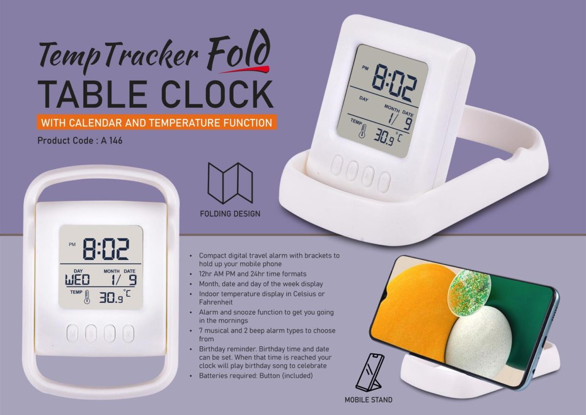 TempTracker Fold: Table Clock with Calendar and Temperature function | Folding design | Mobile Stand function - Image 1