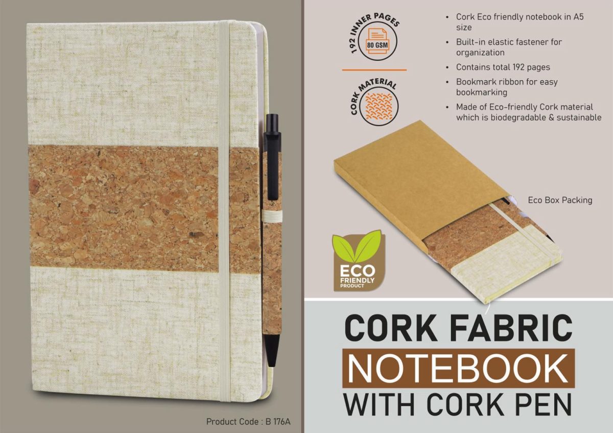 b176a.jpg Cork fabric notebook with Cork Pen | 200 writing sheets | Comes in Eco box - Image 1