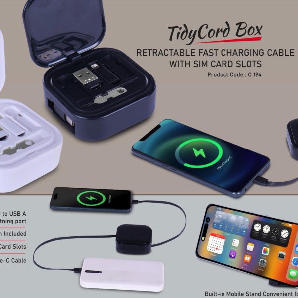 TidyCord Box: Retractable Fast Charging cable with Sim card slots