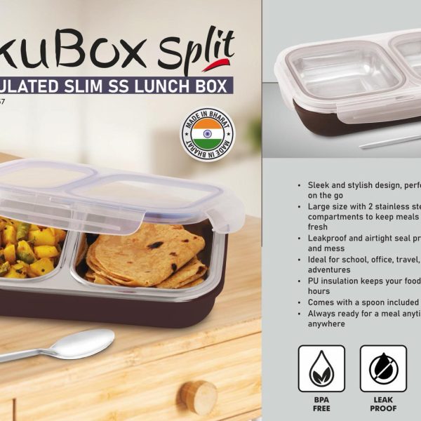 TokuBox Split: Slim Lunch box with SS inside | PU Filling keeps food hot | 2 partitions with silicon seal inside to keep contents separate | Spoon included | Leakproof