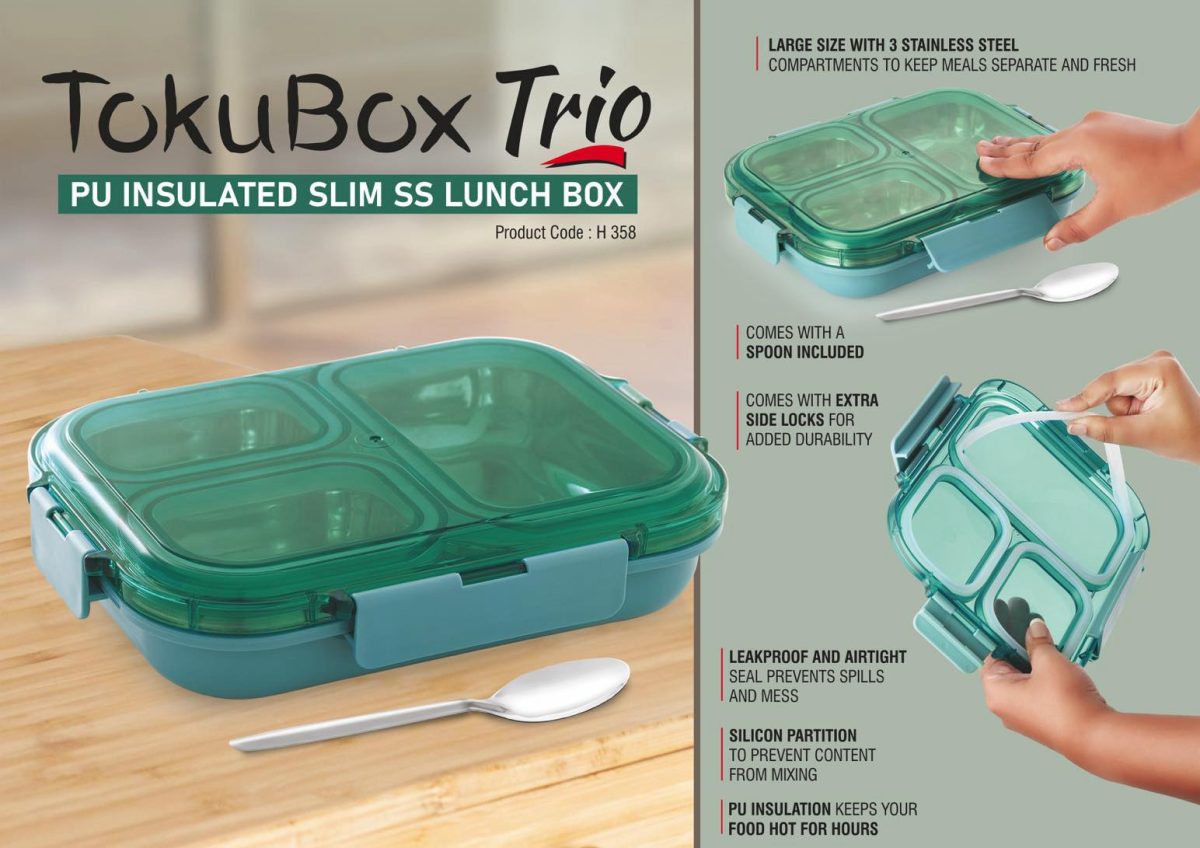 TokuBox Trio: Slim Lunch box with SS inside | PU Filling keeps food hot |  | 3 partitions with silicon seal inside to keep contents separate | Spoon included | Leakproof - Image 1