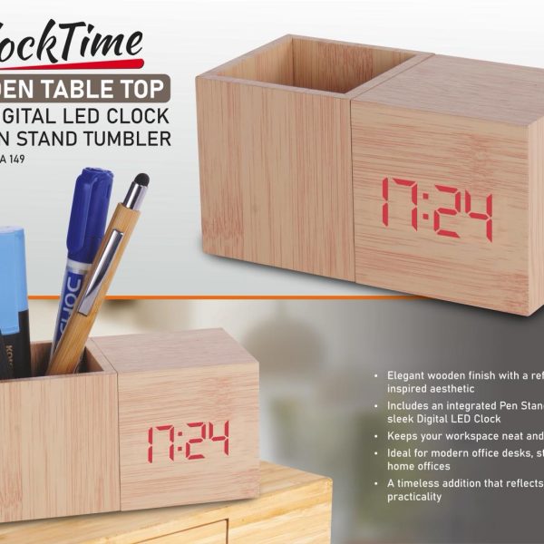 BlockTime: Wooden Table Top with Digital LED Clock and Pen Stand tumbler